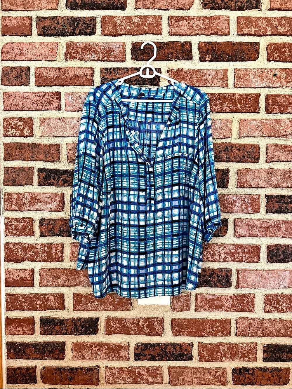 NYDJ Checkered Blouse in Blue & White Size 2X Like New